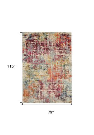 Homeroots 7' X 10' Ivory Red And Pink Abstract Distressed Non Skid Area Rug  Polypropylene 550745
