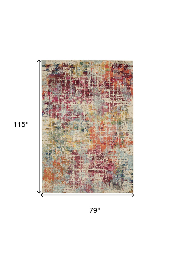 Homeroots 7' X 10' Ivory Red And Pink Abstract Distressed Non Skid Area Rug  Polypropylene 550745