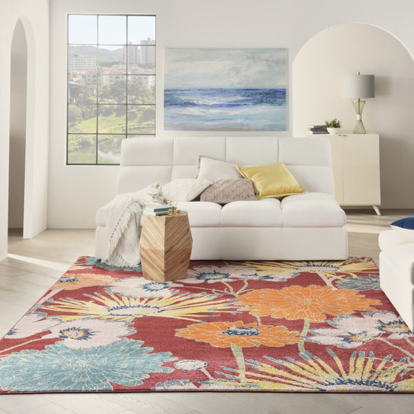 HomeRoots 8' Tropical Floral Area Rug in Vibrant Orange and Red - Durable Power Loomed Design for Modern Spaces 8' X 10' 550746