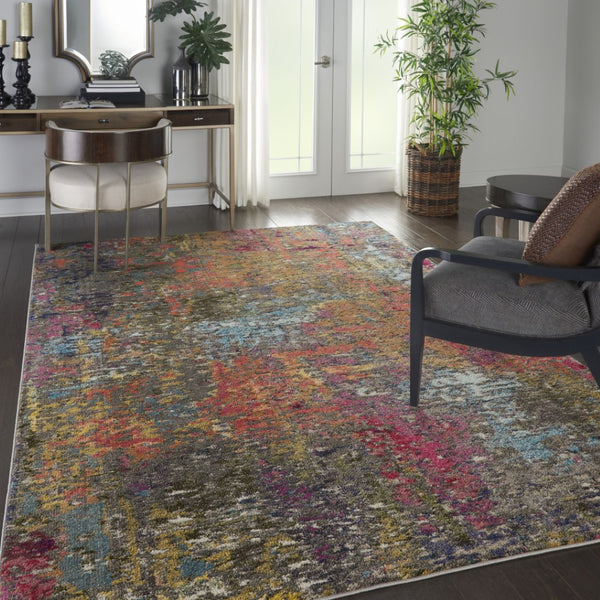 HomeRoots 7' Abstract Blue and Orange Non-Skid Area Rug - Durable, Stain Resistant, Perfect for Family Spaces 7' X 10' 550747