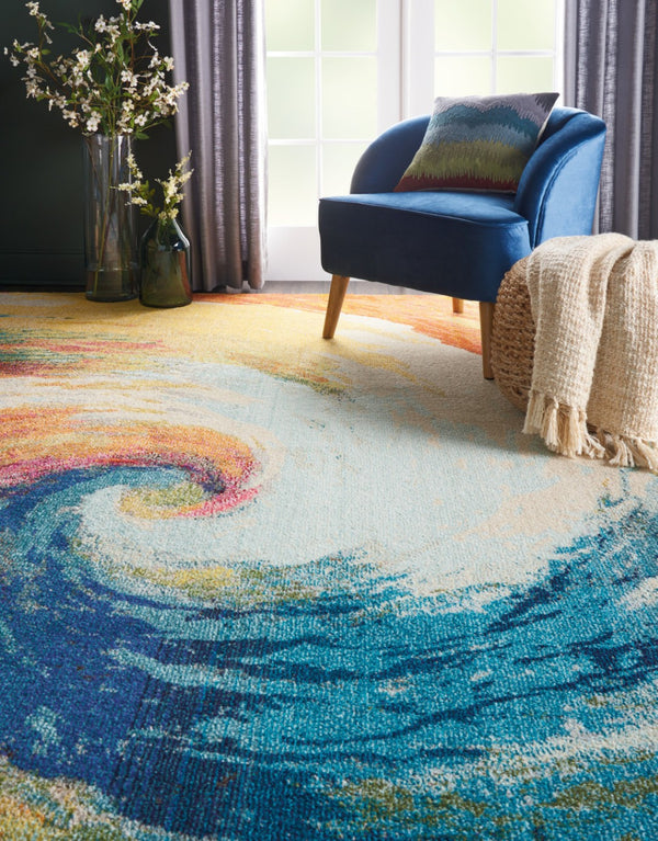 HomeRoots 7' Contemporary Ivory, Blue & Orange Abstract Non-Skid Area Rug – Durable, Stain-Resistant Design! 550748