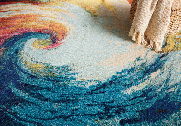 HomeRoots 7' Contemporary Ivory, Blue & Orange Abstract Non-Skid Area Rug – Durable, Stain-Resistant Design! 550748