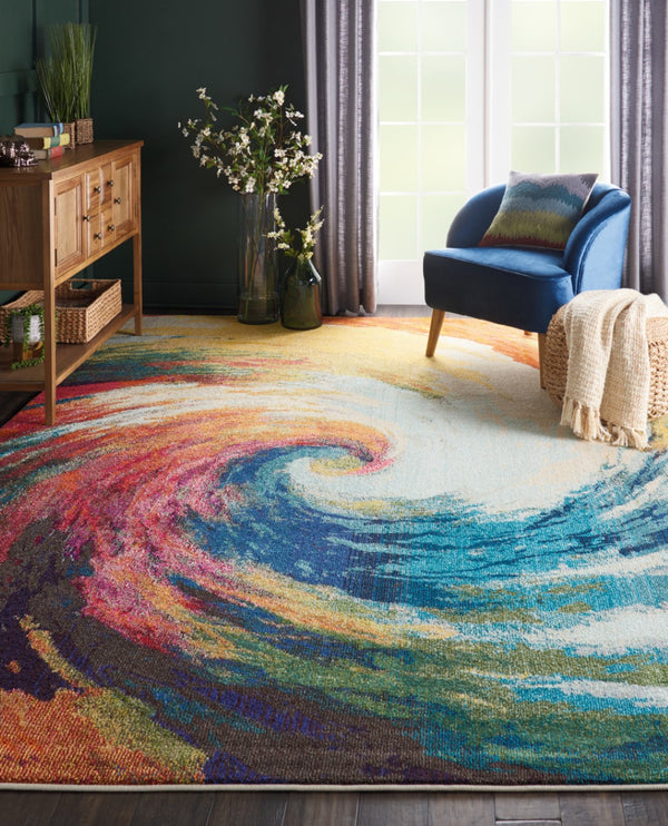 HomeRoots 7' Contemporary Ivory, Blue & Orange Abstract Non-Skid Area Rug – Durable, Stain-Resistant Design! 550748