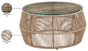 Meridian Furniture Coastline Wicker and Tempered Glass Square Outdoor Patio Coffee Table for Porch Seating 55075-CT