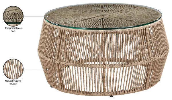 Meridian Furniture Coastline Wicker and Tempered Glass Square Outdoor Patio Coffee Table for Porch Seating 55075-CT
