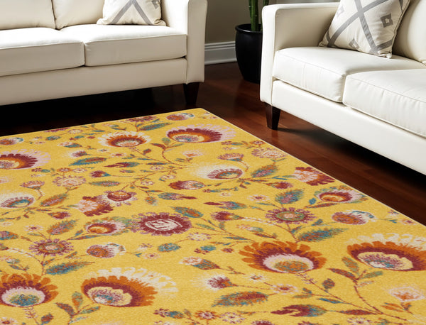 Homeroots 8' X 10' Yellow Floral Power Loom Area Rug  Polypropylene 550750
