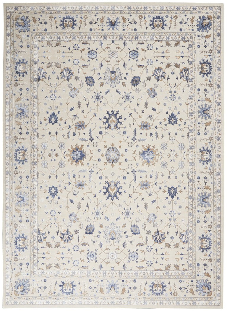 HomeRoots 8 X 11 Ivory Blue Tan Floral Power Loomed Synthetic Rug with Non Skid Backing 550753