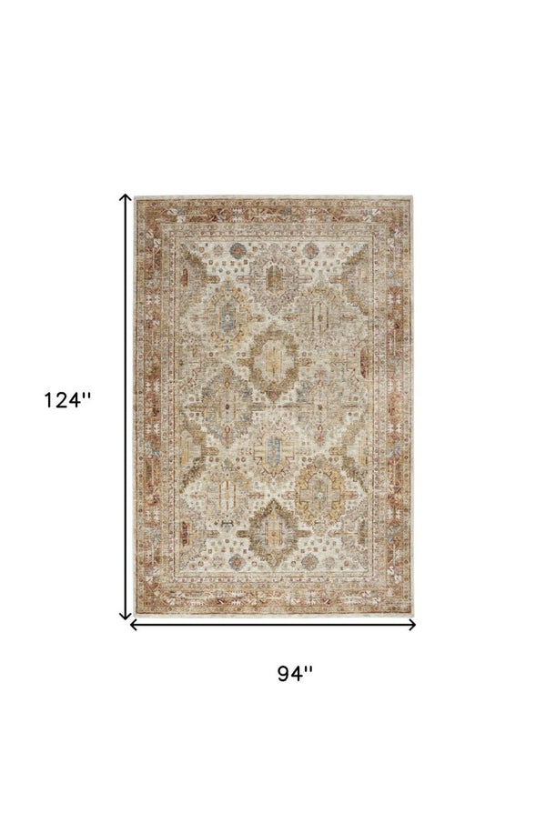 8x10 Ivory Red Distressed Oriental Polyester Area Rug for Living Room Decor