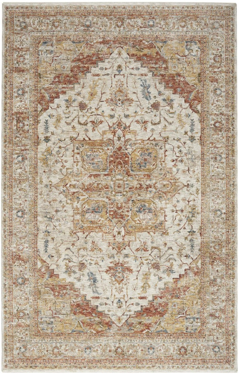 HomeRoots 8 Ft X 10 Ft Distressed Oriental Polyester Area Rug with Vintage Rust Ivory Tones 550774