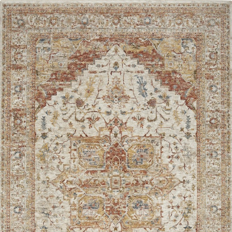 HomeRoots 8 Ft X 10 Ft Distressed Oriental Polyester Area Rug with Vintage Rust Ivory Tones 550774