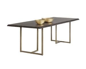 Sunpan Donnelly 95" Rustic Dining Table with Smoked Acacia Wood Top & Antique Brass Frame for Elegance