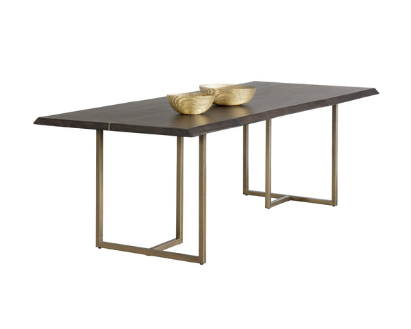 Sunpan Donnelly 95" Rustic Dining Table with Smoked Acacia Wood Top & Antique Brass Frame for Elegance