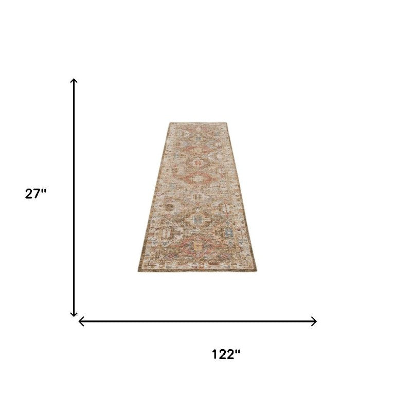 HomeRoots 10 Foot Ivory Green Oriental Runner Rug Power Loomed Polyester for Busy Hallways 550801