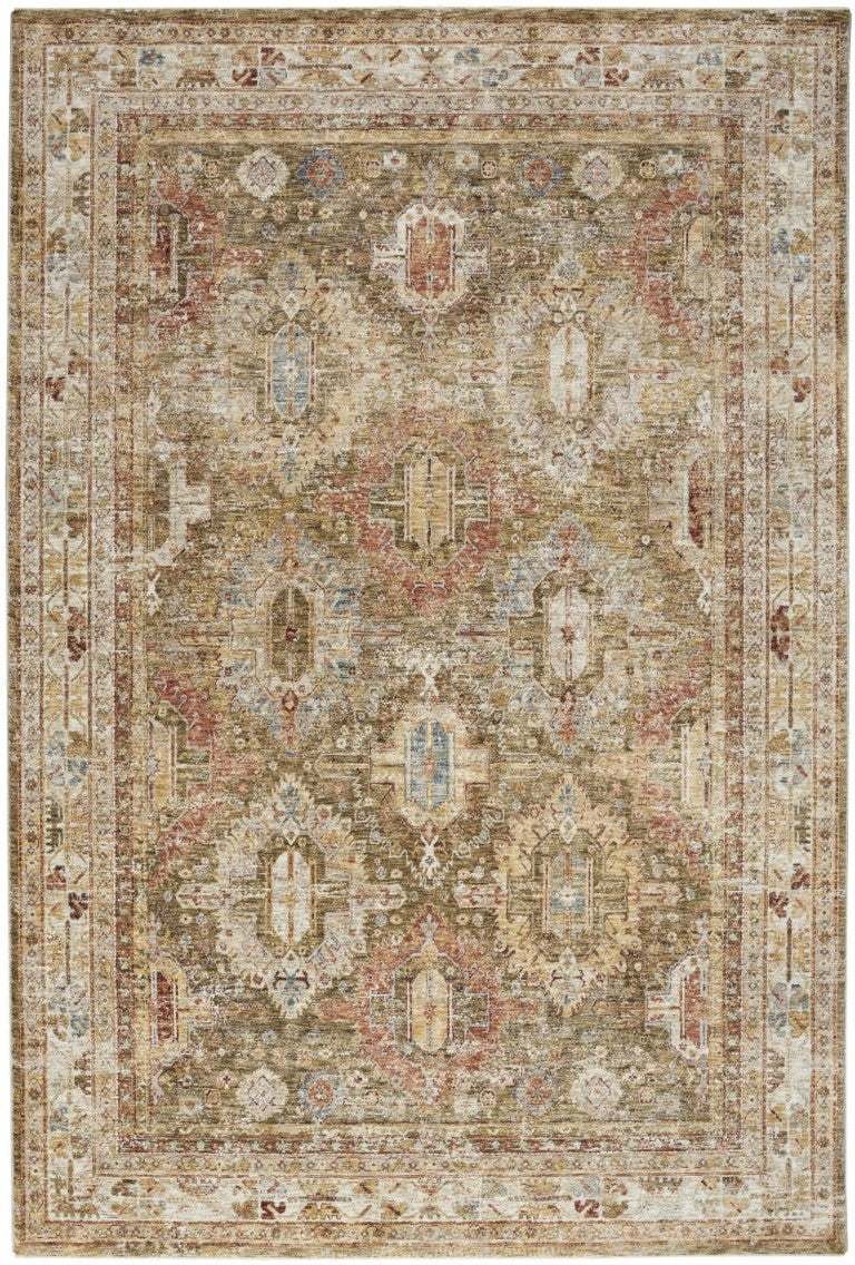 HomeRoots 8 Foot by 10 Ivory Green Medallion Polyester Area Rug for Living Rooms 550802