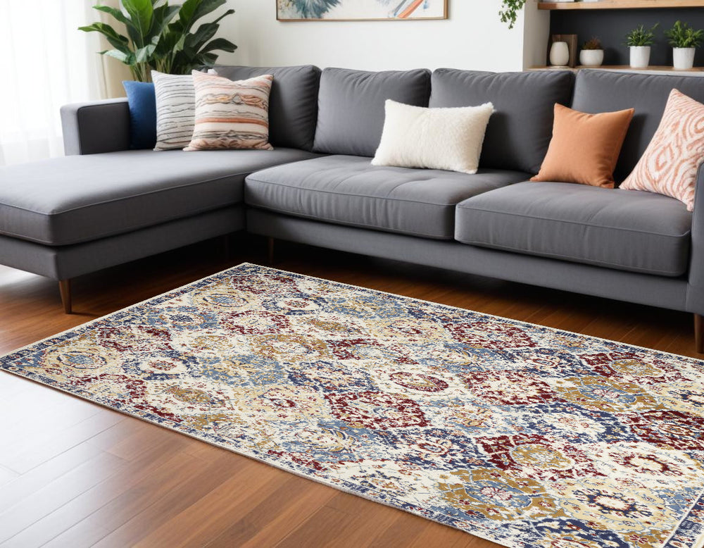 Homeroots 9' X 12' Blue Red And Orange Floral Distressed Non Skid Area Rug  Polypropylene 550813