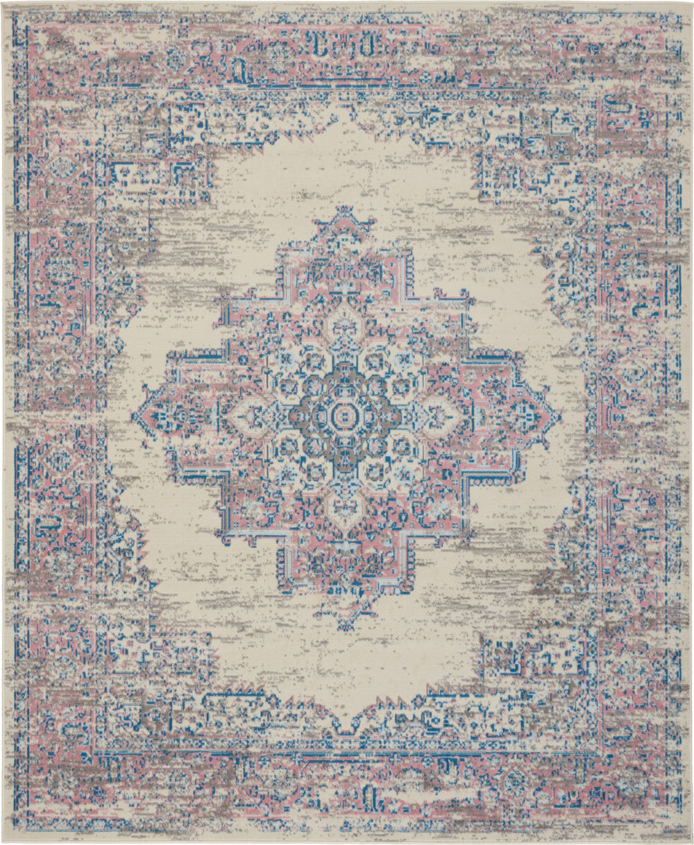 Homeroots 9' X 12' Ivory And Blue Floral Medallion Distressed Non Skid Area Rug  Polypropylene 550814