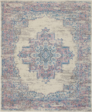 Homeroots 9' X 12' Ivory And Blue Floral Medallion Distressed Non Skid Area Rug  Polypropylene 550814