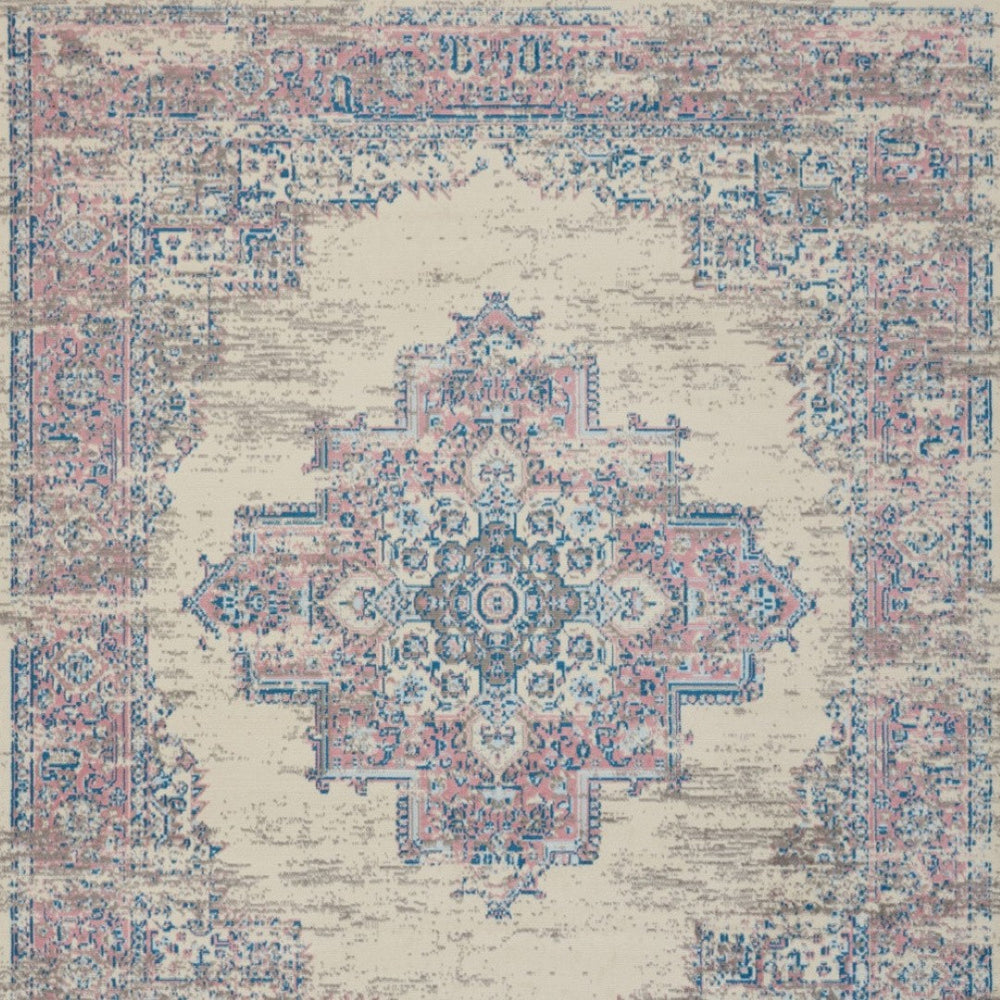 HomeRoots 9' Ivory and Blue Floral Medallion Area Rug - Durable, Stain-Resistant, Non-Skid for Stylish Homes 9' X 12' 550814
