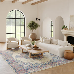 HomeRoots 9' Ivory and Blue Floral Medallion Area Rug - Durable, Stain-Resistant, Non-Skid for Stylish Homes 9' X 12' 550814