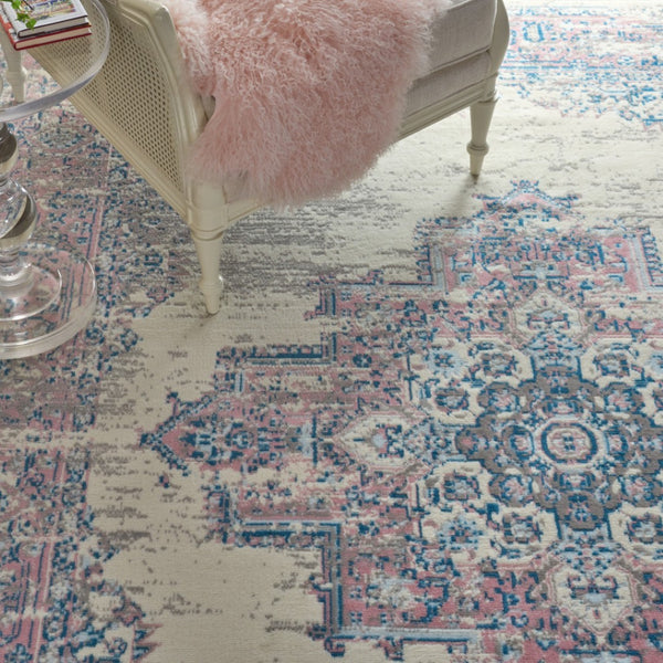 HomeRoots 9' Ivory and Blue Floral Medallion Area Rug - Durable, Stain-Resistant, Non-Skid for Stylish Homes 9' X 12' 550814