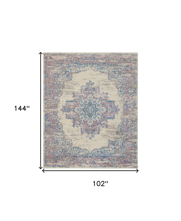 Homeroots 9' X 12' Ivory And Blue Floral Medallion Distressed Non Skid Area Rug  Polypropylene 550814
