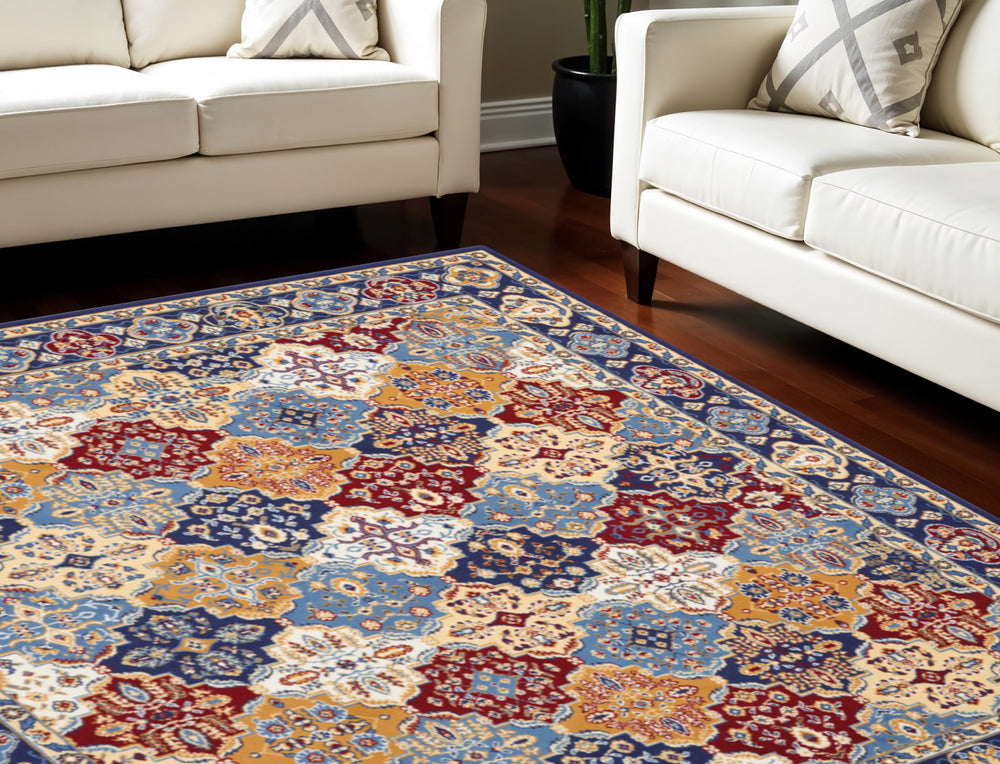 Homeroots 9' X 12' Blue Red And Orange Floral Distressed Non Skid Area Rug  Polypropylene 550815