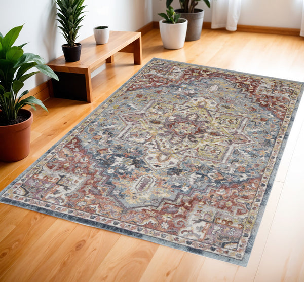 Homeroots 4' X 6' Blue And Red Floral Distressed Area Rug  Polypropylene 550820