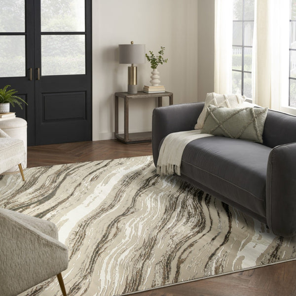 HomeRoots 5' Modern Abstract Area Rug in Beige, Black, and Gray – Stain-Resistant, Non-Skid, Durable Design 8' X 10' 550830