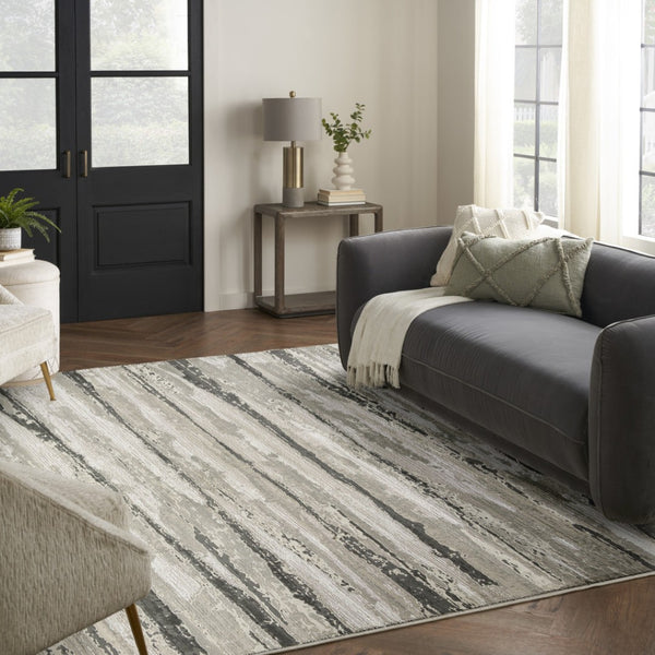 HomeRoots 5' Abstract Ivory Beige and Gray Non-Skid Area Rug - Durable, Stain-Resistant, Modern Style for Any Room 8' X 10' 550833