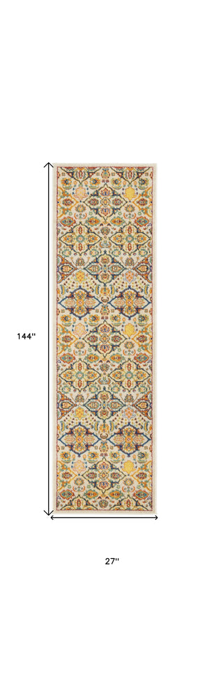 Homeroots 12' Runner Blue And Yellow Floral Power Loom Runner Rug  Polypropylene 550837