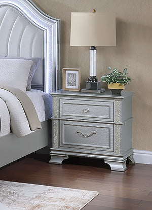 English Elm Elegance Gray Glitter Nightstand with Crystal Knob & 2 Drawers – Modern Storage Accent 26x17x26" B011P308559