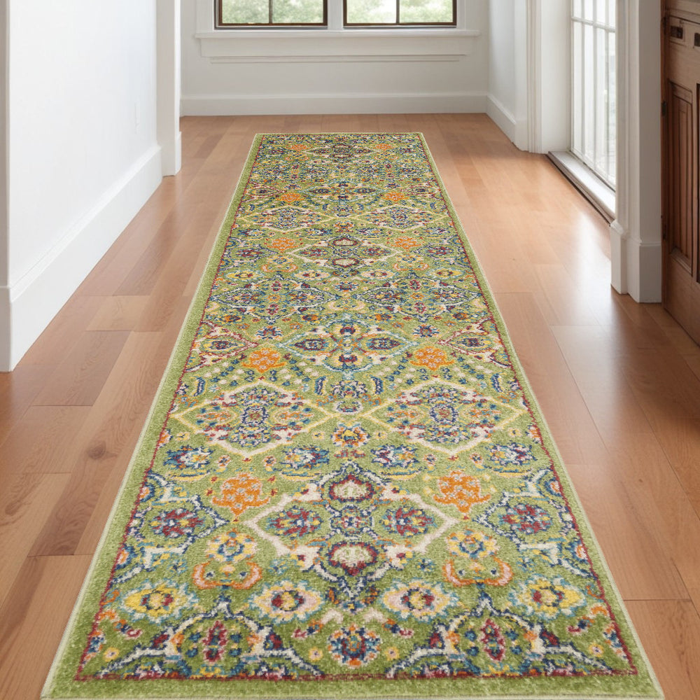 Homeroots 12' Runner Green And Red Medallion Power Loom Runner Rug  Polypropylene 550850