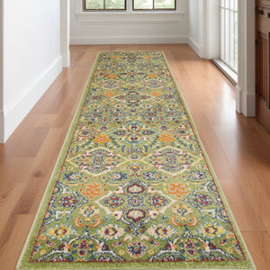 Homeroots 12' Runner Green And Red Medallion Power Loom Runner Rug  Polypropylene 550850