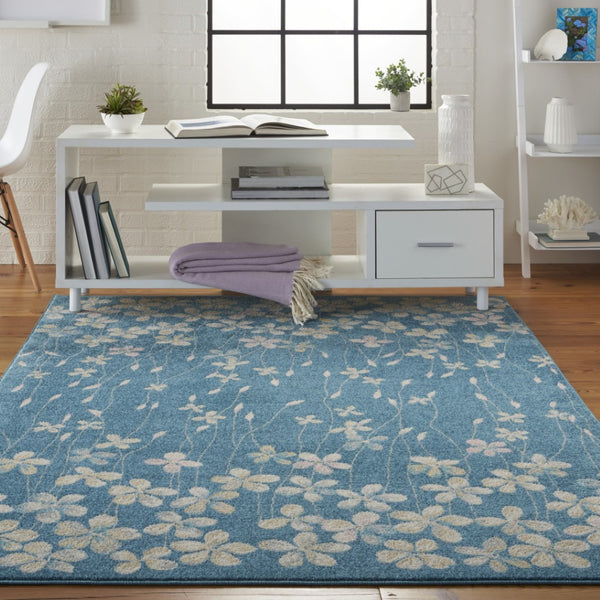 HomeRoots 5' Turquoise and Cream Floral Area Rug - Durable, Stain-Resistant, Perfect for Homes with Kids & Pets 550853