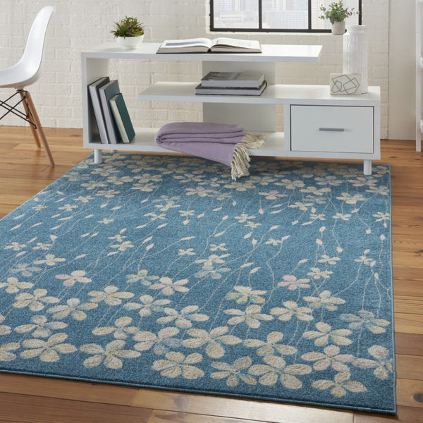 HomeRoots 5' Turquoise and Cream Floral Area Rug - Durable, Stain-Resistant, Perfect for Homes with Kids & Pets 550853