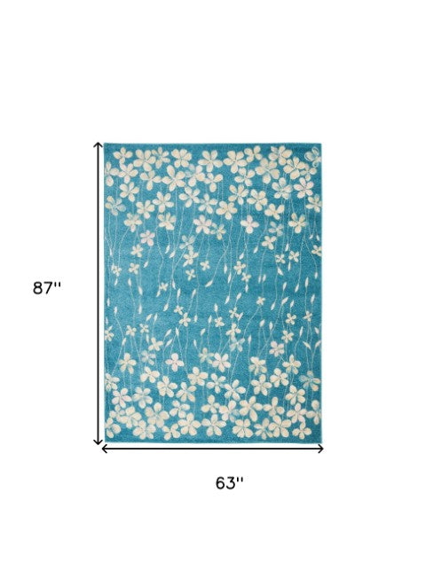 Homeroots 5' X 7' Turquoise And Cream Floral Area Rug - Durable, Stain-resistant, Perfect For Kids & Pets!  Polypropylene 550853