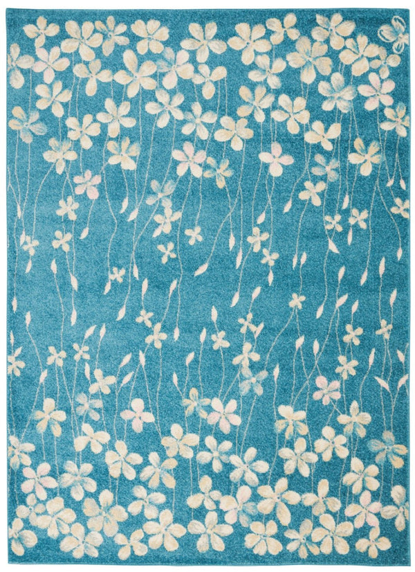 HomeRoots 5' Turquoise and Cream Floral Area Rug - Durable, Stain-Resistant, Perfect for Homes with Kids & Pets 550853