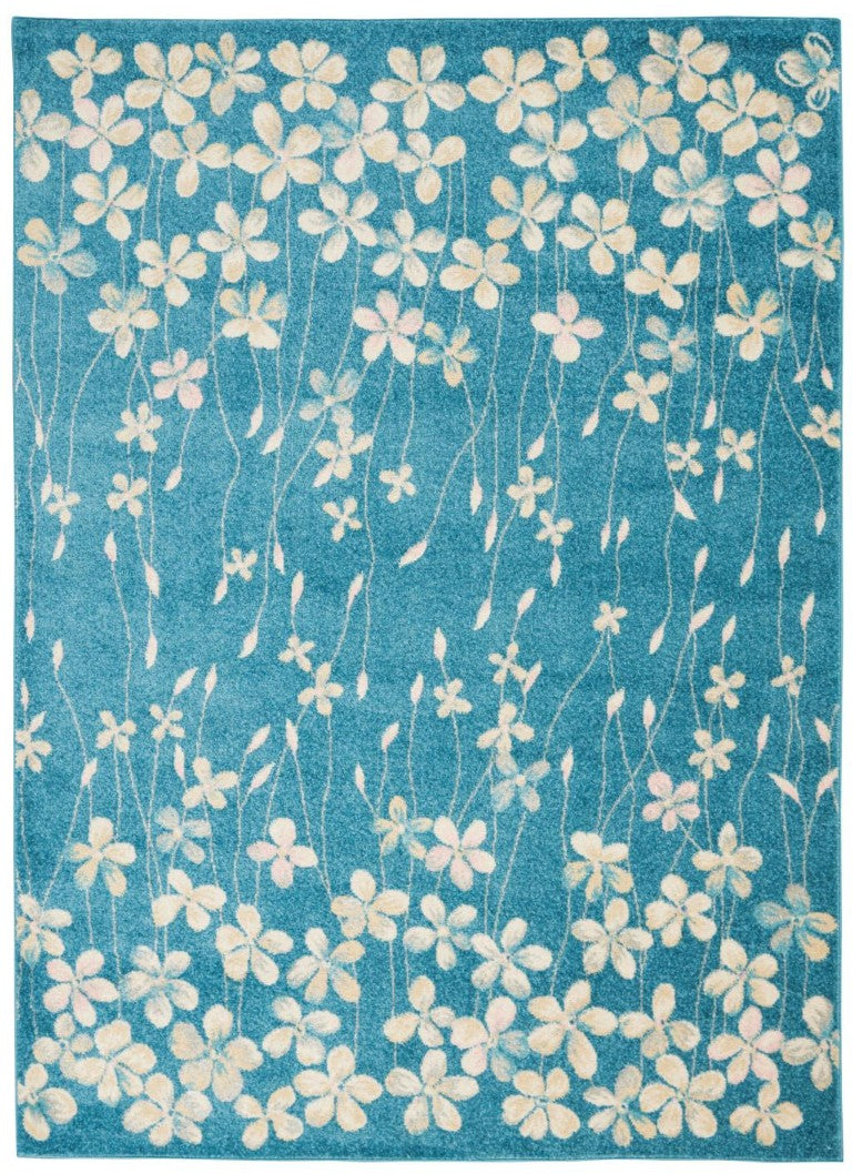 HomeRoots 6x9 Floral Area Rug Blue Cream Polypropylene Power Loomed Living Room Floor Accent 550854