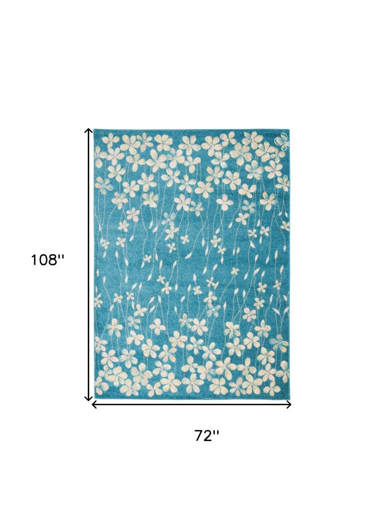 HomeRoots 6x9 Floral Area Rug Blue Cream Polypropylene Power Loomed Living Room Floor Accent 550854