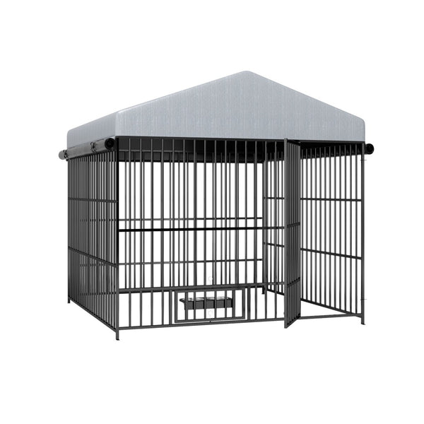 English Elm Large Outdoor Dog Kennel Heavy Duty Iron Run with Waterproof Canopy and Feeding Bowls W1820P321938