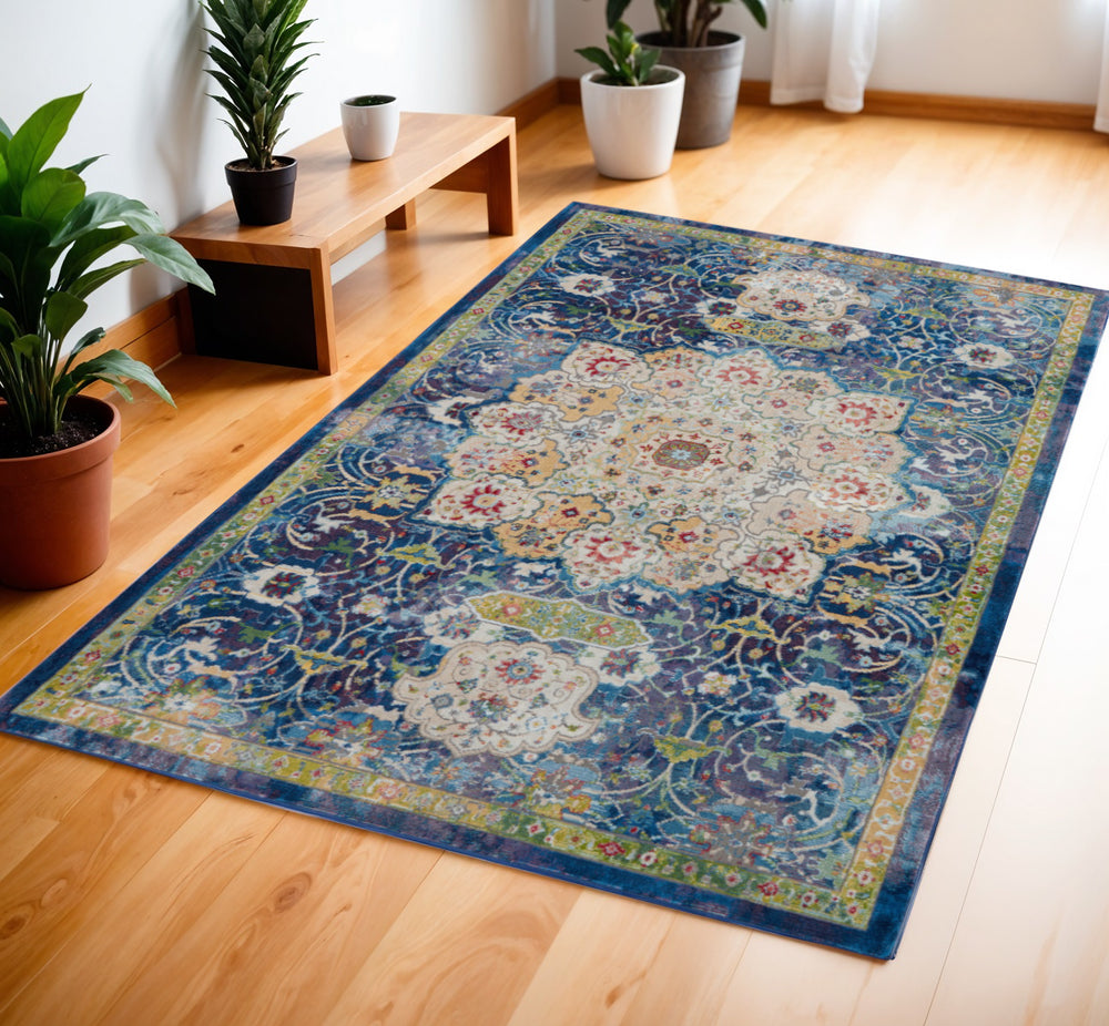 Homeroots 4' X 6' Navy Blue And Gold Floral Medallion Distressed Non Skid Area Rug  Polypropylene,Polyester 550877