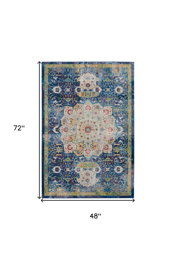 Homeroots 4' X 6' Navy Blue And Gold Floral Medallion Distressed Non Skid Area Rug  Polypropylene,Polyester 550877