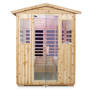 English Elm Four Person Old Fir Outdoor Infrared Sauna with Glass Door and Bluetooth Audio W632S00026