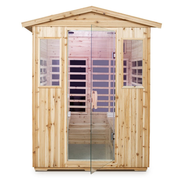 English Elm Four Person Old Fir Outdoor Infrared Sauna with Glass Door and Bluetooth Audio W632S00026