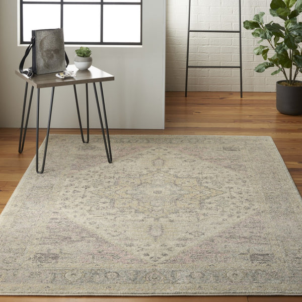 HomeRoots 5' Elegant Ivory Pink and Gray Floral Distressed Area Rug - Durable, Stain-Resistant Design for Homes 5' X 7' 550893