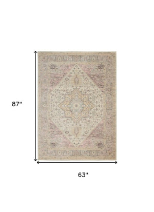 Homeroots 5' X 7' Elegant Ivory Pink & Gray Floral Distressed Area Rug - Durable, Stain Resistant, Stylish Accent  Polypropylene 550893