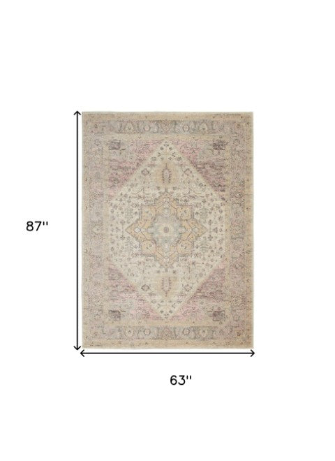 Homeroots 5' X 7' Elegant Ivory Pink & Gray Floral Distressed Area Rug - Durable, Stain Resistant, Stylish Accent  Polypropylene 550893