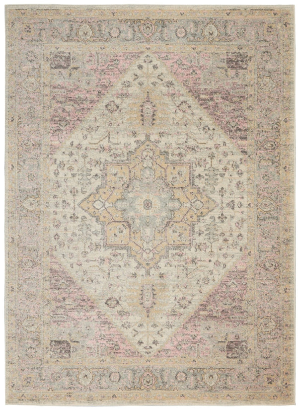 HomeRoots 5' Elegant Ivory Pink and Gray Floral Distressed Area Rug - Durable, Stain-Resistant Design for Homes 5' X 7' 550893