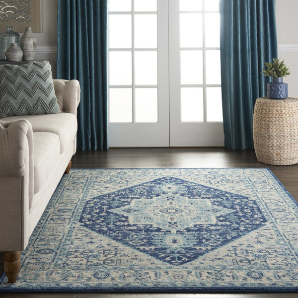 Homeroots 5' X 7' Elegant Ivory And Navy Blue Floral Medallion Distressed Area Rug - Durable & Stain Resistant  Polypropylene 550894