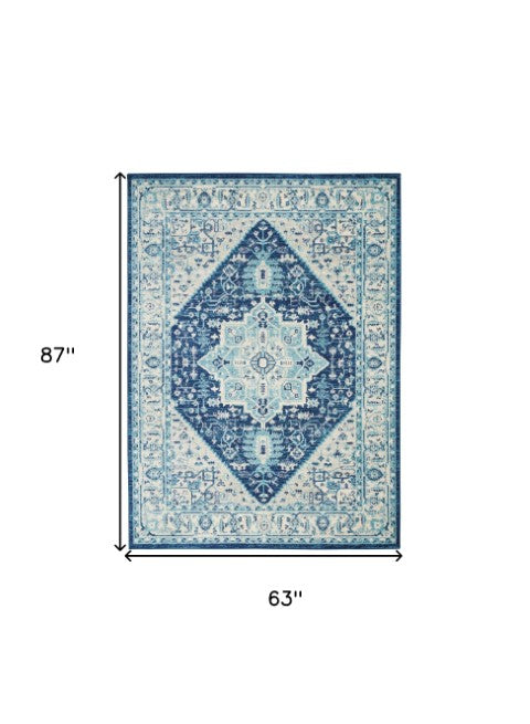 Homeroots 5' X 7' Elegant Ivory And Navy Blue Floral Medallion Distressed Area Rug - Durable & Stain Resistant  Polypropylene 550894